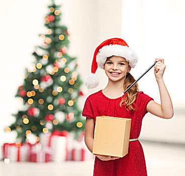 圣诞节,圣诞,冬天,高兴,概念,微笑,女孩,圣诞老人,帽子,礼盒,魔法棒