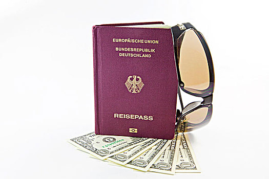 护照,美元,墨镜,假期,旅游