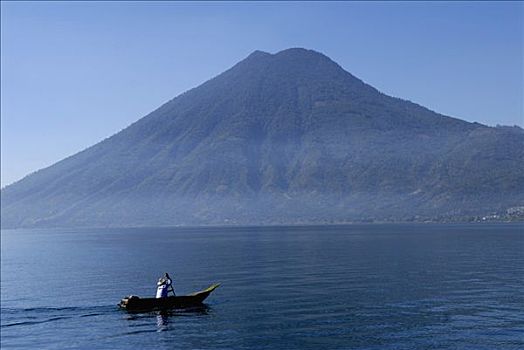 危地马拉,湖,渔船,火山,背影