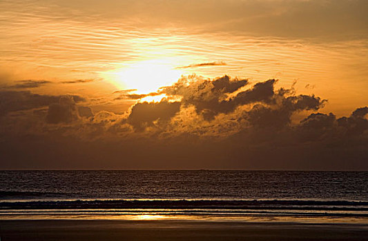 日落,上方,海滩