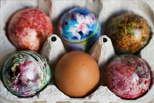 五个,涂绘,色彩,复活节彩蛋,一个,朴素,红皮鸡蛋,鸡蛋格