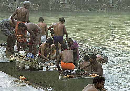 印度,加尔各答,男人,洗,河