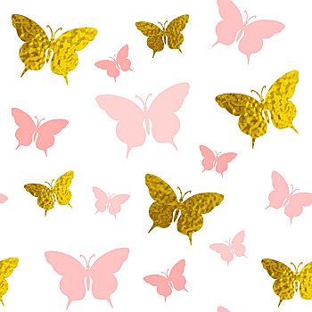 装饰,矢量,无缝,图案,粉色,金色,蝴蝶,白色背景