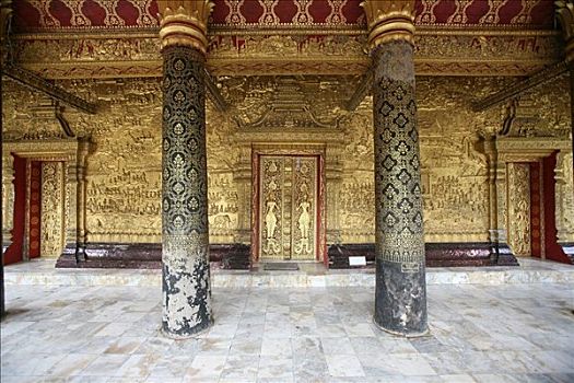 老挝,琅勃拉邦,金箔,装饰,墙壁