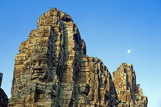 柬埔寨,吴哥,吴哥窟,古老,石头,脸,月亮,背景