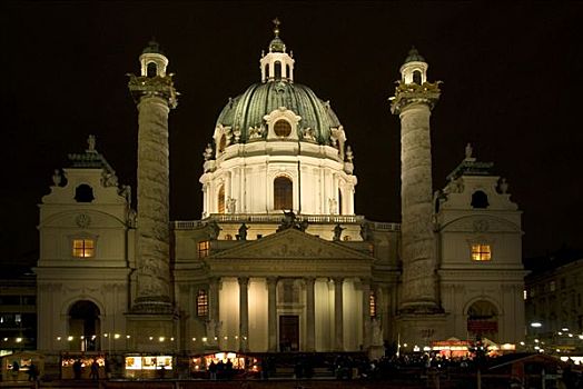 卡尔教堂,教堂,圣诞市场,夜晚,卡尔斯,维也纳,奥地利,欧洲