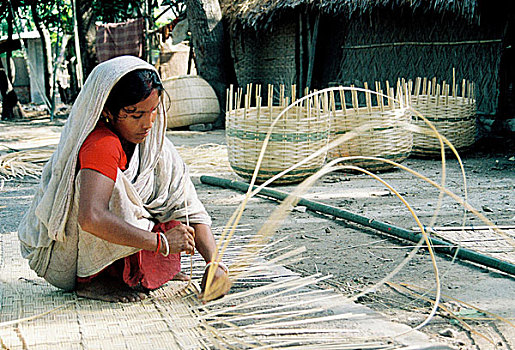 乡村,女人,制作,竹篮,收入,孟加拉,五月,2007年