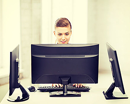 微笑,职业女性,电脑,显示屏,办公室