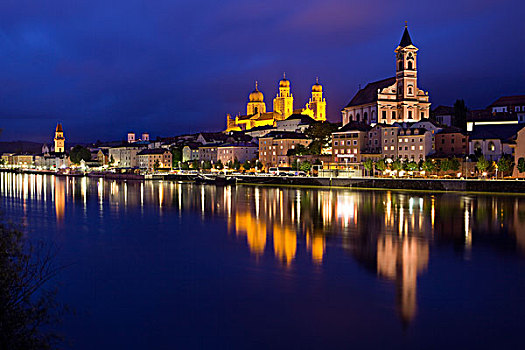 多瑙河,大教堂,教堂大街,夜晚,帕绍,巴伐利亚,德国,欧洲