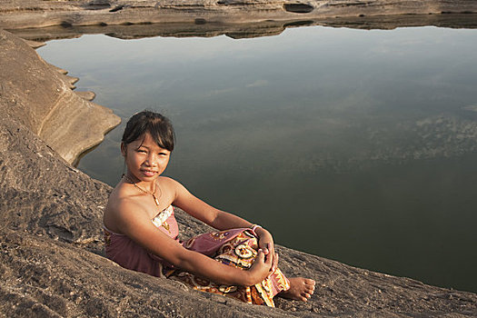 女孩,坐,水塘,省,泰国