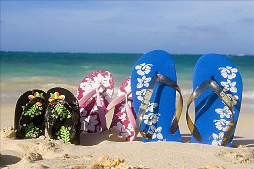 三个,两个,夏威夷,风格,人字拖鞋,困住,沙子,青绿色,海洋,背景