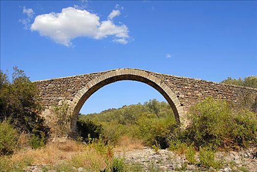 古老,桥,拱形,莱斯博斯岛,岛屿,爱琴海,希腊,欧洲