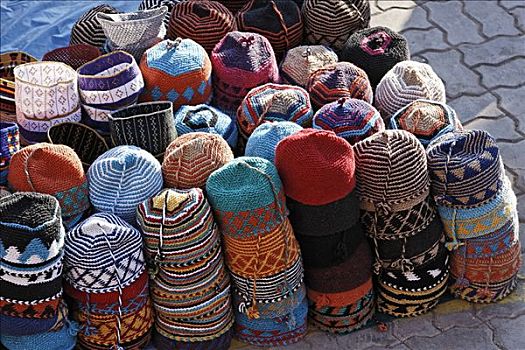 堆,彩色,帽,市场,麦地那,马拉喀什,摩洛哥,北非