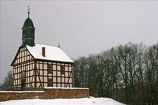 小,框架,教堂,山,下雪,黑森公园,黑森州,德国