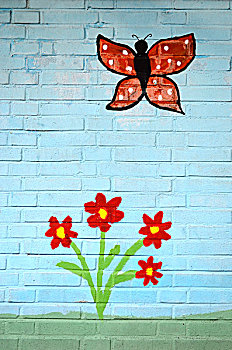 红色,花,蝴蝶,描绘,墙壁,壁画,鲁尔区,北莱茵威斯特伐利亚,德国,欧洲