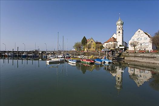 船,港口,教堂,康士坦茨湖,巴伐利亚,德国