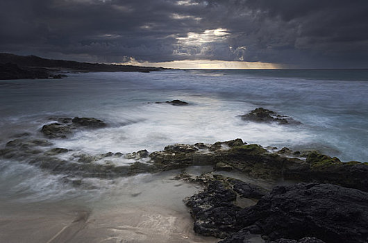 夏威夷,夏威夷大岛,科纳海岸,湾,长时间曝光,上方,风暴,海浪