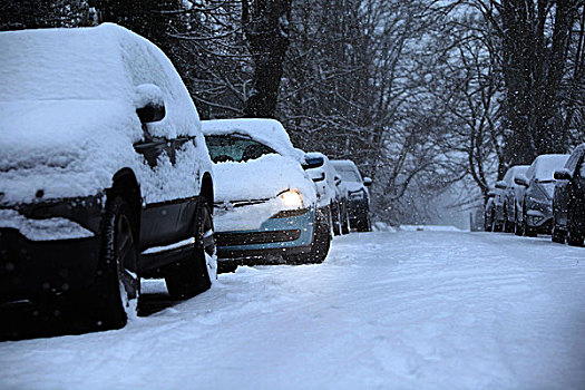 汽车,停放,雪中,遮盖,街道