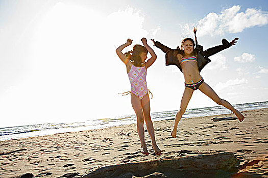 女孩,跳跃,沙滩,海滩