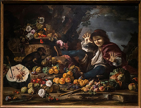 伯恩哈德凯尔,静物西瓜,苹果,无花果,石榴,桃和花,还有受到猴子惊吓的小男孩