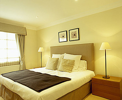 传统,卧室,晴朗,窗户,双人床,软垫,床头板,柜子,照亮,台灯