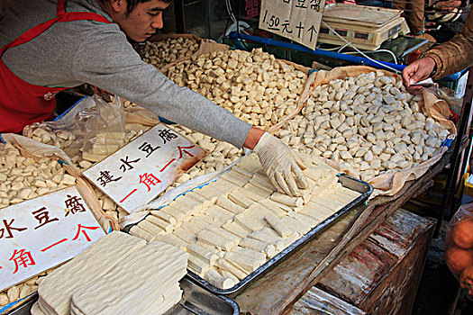 男人,销售,不同,品种,豆腐,市场,昆明,中国