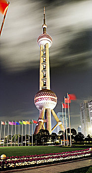 中国,上海,地区,浦东,东方明珠塔,旗帜,晚间