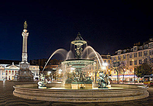 葡萄牙,里斯本,喷泉,雕塑,广场,光亮,夜晚
