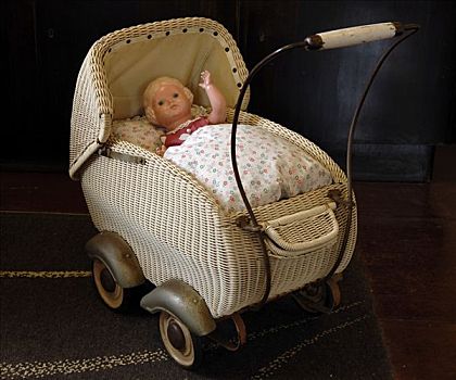 复古,娃娃,婴儿车,20世纪50年代,弗兰克尼亚,巴伐利亚,德国,欧洲