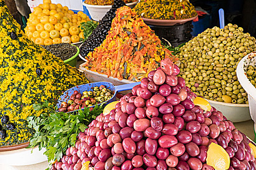 摩洛哥,苏维拉,露天市场,品种,橄榄,油,保存,柠檬,出售