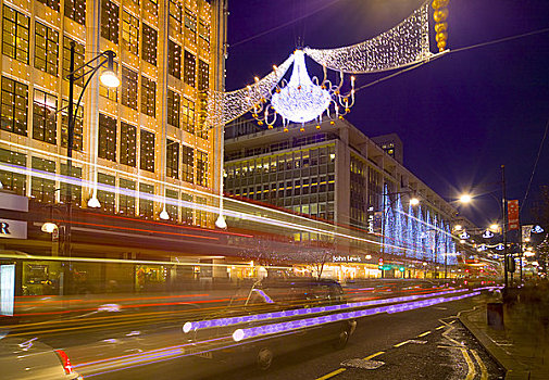 英格兰,伦敦,牛津街,模糊,交通,圣诞灯光