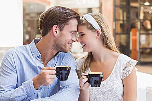 可爱,情侣,喝,咖啡,一起,连接,头部