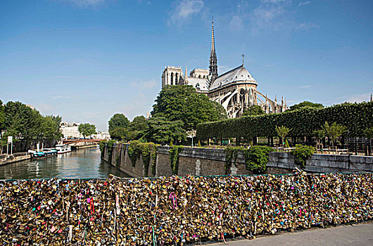 法国,巴黎,圣母大教堂,风景,喜爱,锁,向上,护栏