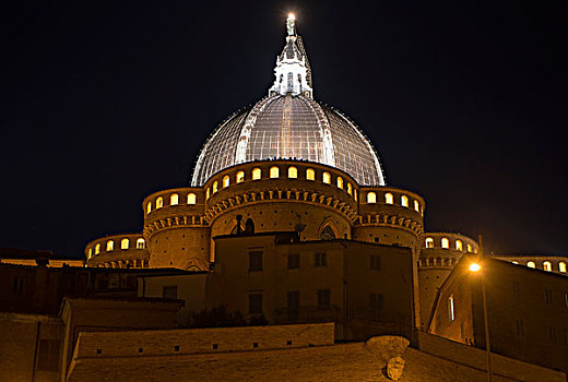 穹顶,神圣,房子,洛雷托,夜晚,马希地区,意大利,欧洲