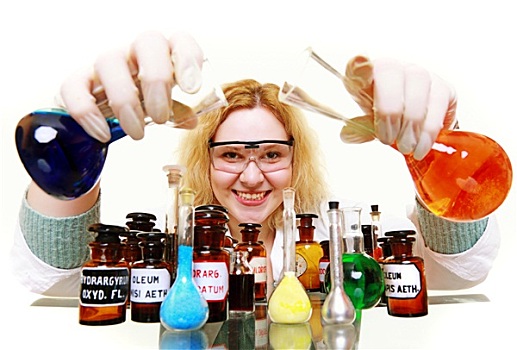 化学家,女人,化学品,玻璃器皿,长颈瓶,隔绝