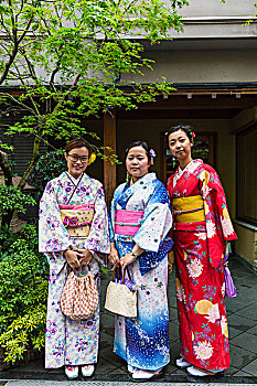 三个,传统,衣服,年轻,日本,女人,浅草,东京,关东地区