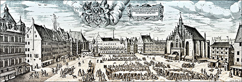 中世纪,城市,纽伦堡,市场,16世纪,历史,插画,巴伐利亚,德国,欧洲