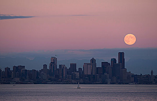 月亮,上方,天际线,西雅图,美国