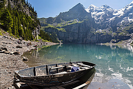 老,划艇,岸边,湖,伯尔尼阿尔卑斯山,山,高处,世界遗产,伯恩,瑞士