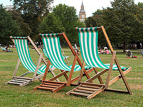 伦敦,2009年,三个,折叠躺椅,排列,公园,大本钟,背景