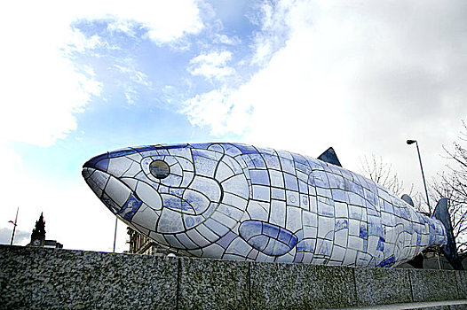 北爱尔兰,贝尔法斯特,三文鱼,知识,陶瓷,鱼,雕塑