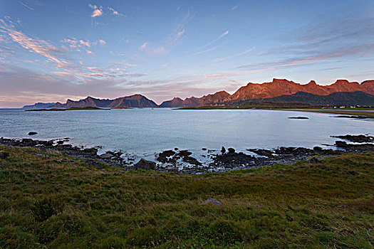 湾,落日,高山辉,罗弗敦群岛,挪威