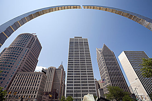 拱形,雕塑,摩天大楼,市区,底特律,密歇根,美国