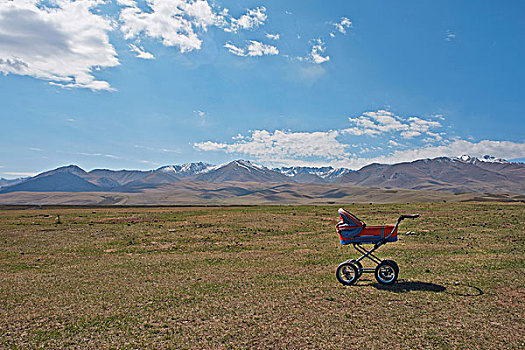 婴儿车,草地,山景