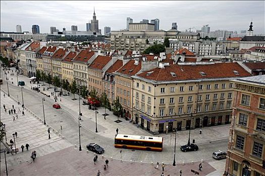 风景,城市街道,黄色,公交车,排,历史,房子,内城,华沙,波兰,俯视,远景