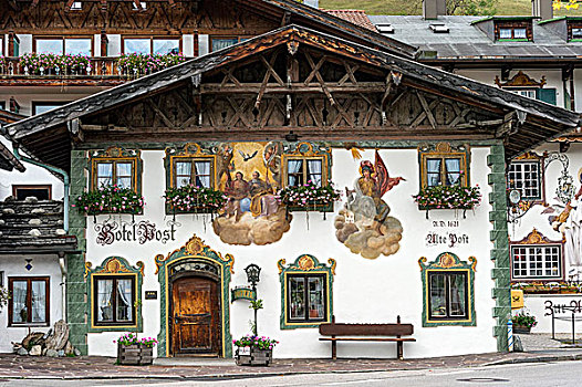 壁画,圣三一教堂,酒店,柱子,韦尔登费尔斯,上巴伐利亚,巴伐利亚,德国,欧洲