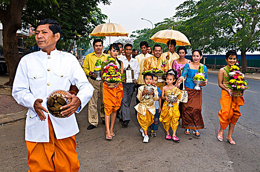 金边,省,城镇,传统,柬埔寨,婚姻,游行,新婚夫妇,人,音乐人