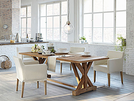 乡村,餐桌,白色,软垫,椅子,厨房,工业,玻璃窗
