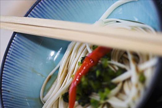 特写,红辣椒,绿色,装饰,床,日本,荞麦面,筷子