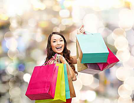 销售,礼物,休假,人,概念,微笑,女人,彩色,购物袋,上方,背景